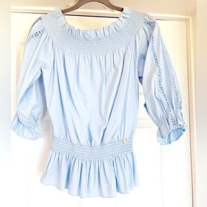 EUC Light Blue Peasant 3/4 Sleeve Blouse with Shirred Waist in Size Medium